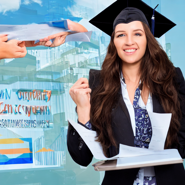 A strong and confident woman with a diploma in business administration is standing in front of a Cov