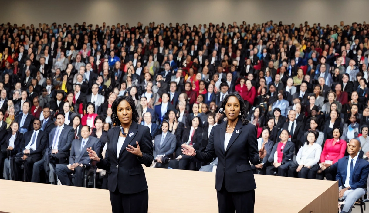 A woman in a business suit addressing a large audience.