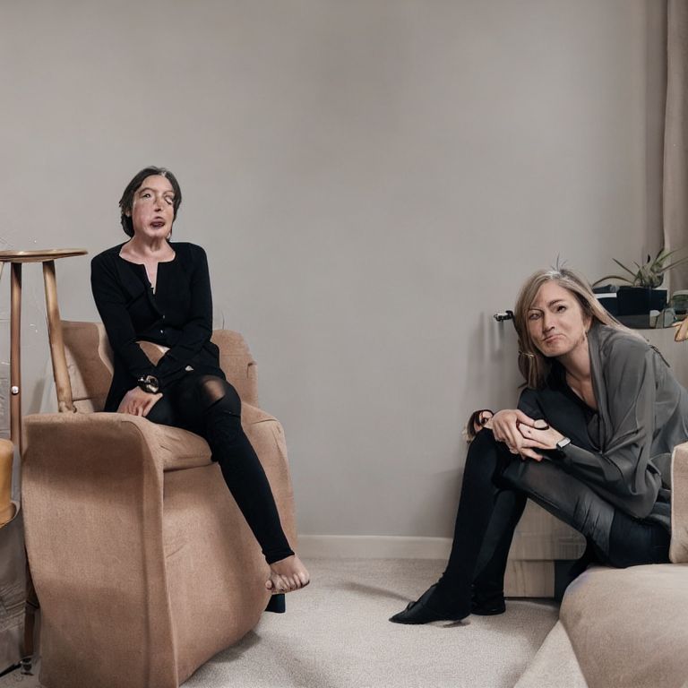 A woman is sitting in a room filled with banks