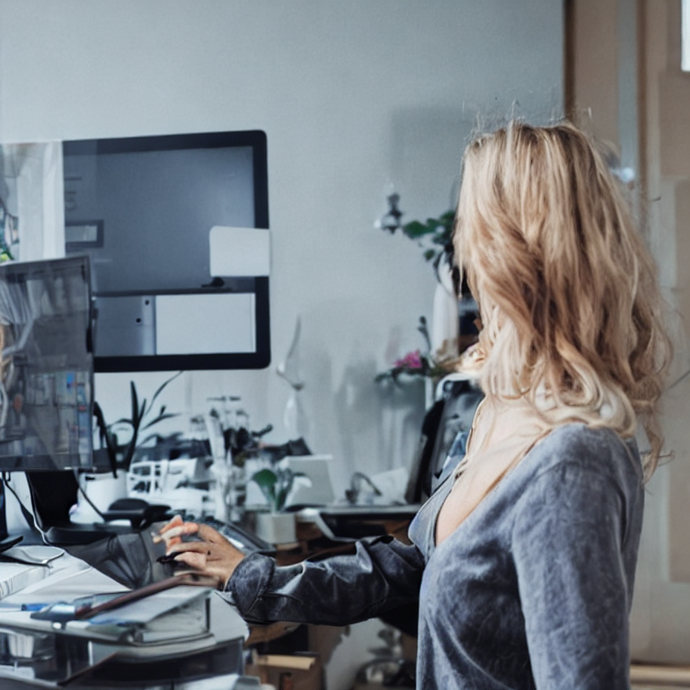 A woman is standing in front of a computer screen