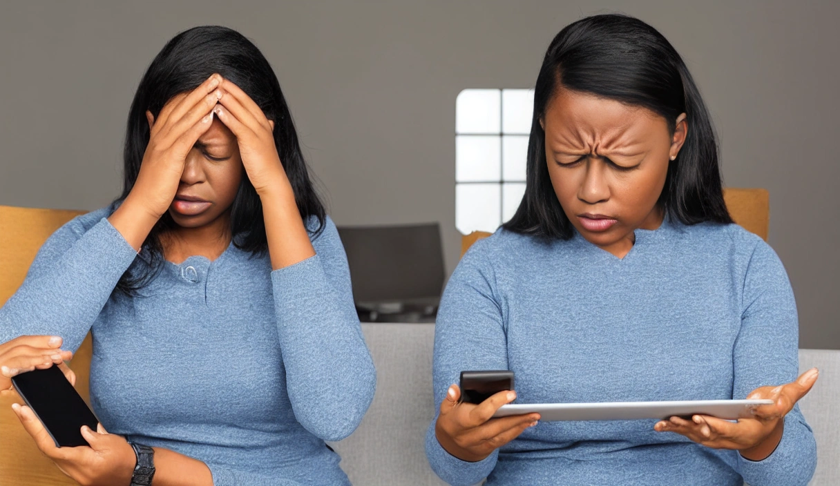 A woman is tapping her screen to receive a notification that her account is being closed. She looks