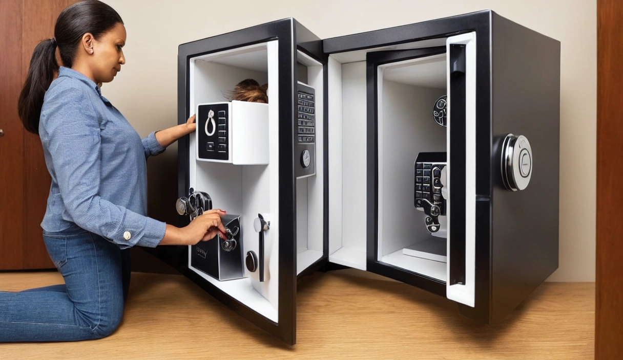 A woman with a vault key looking into a safe