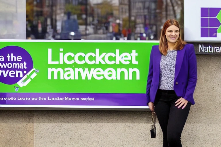 A woman's face is shown looking excited as she stands in front of a sign that reads "Unlock the Adva