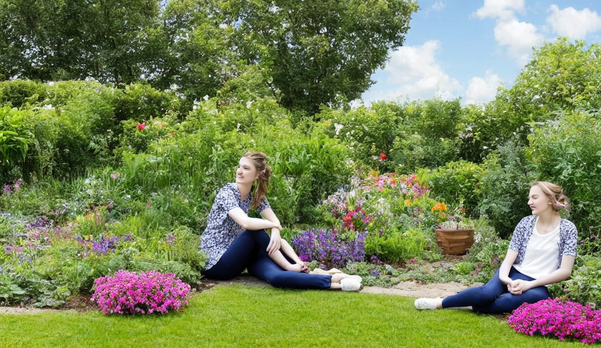 A young woman is sitting in a garden