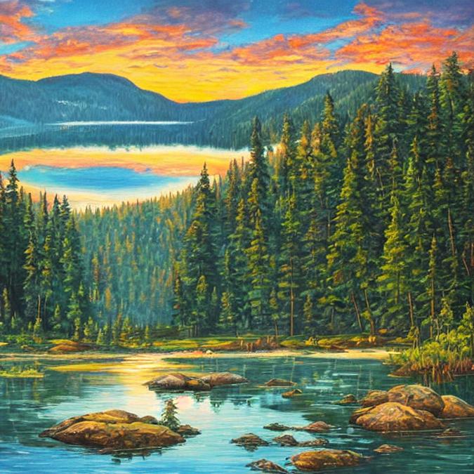 A stunning landscape painting of a serene mountain lake with crystal clear water
