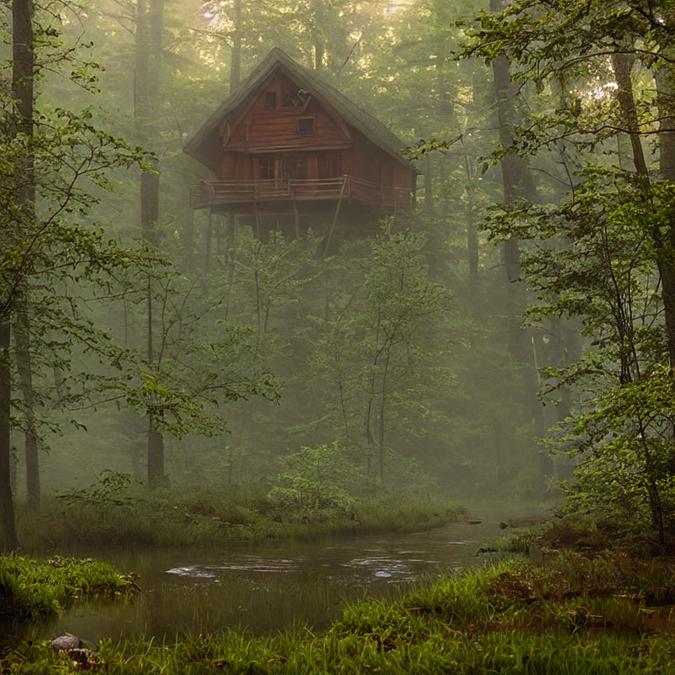 A serene and mystical forest scene with a lone cabin nestled among the trees