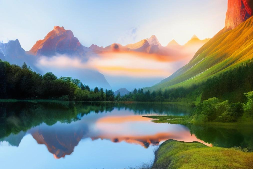 A serene mountain landscape at sunrise