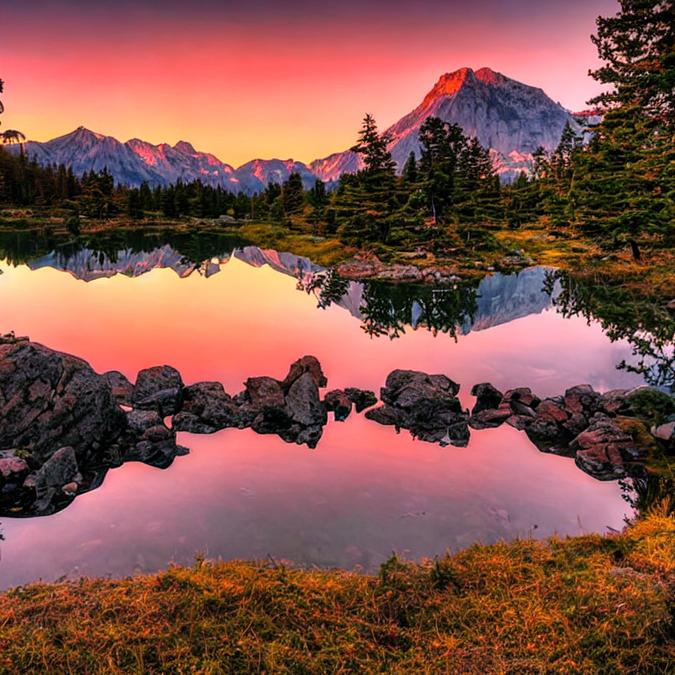 A stunning sunset over a serene mountain landscape
