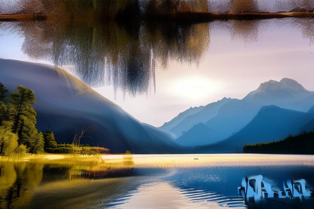 A breathtaking landscape of a serene mountain lake surrounded by majestic snow-capped peaks