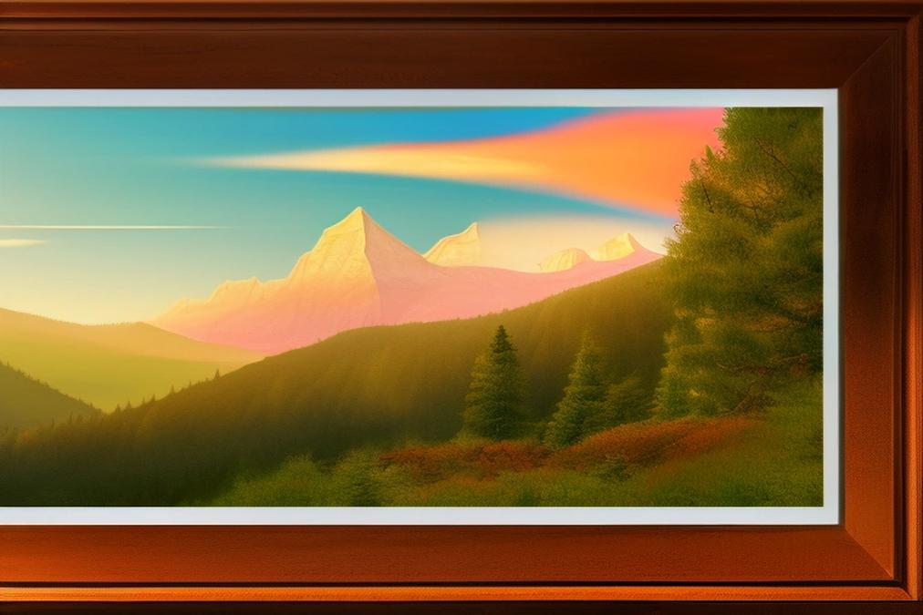 A stunning digital artwork featuring a serene mountain landscape at sunset. The image showcases vibr